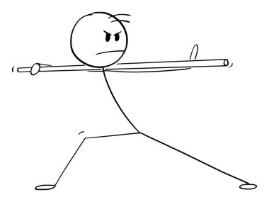 Fighter in Kung fu or martial arts pose or stance with staff, vector cartoon stick figure or character illustration.