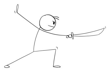 Fighter in Kung fu or martial arts pose or stance with sword, vector cartoon stick figure or character illustration.
