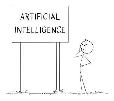 Artificial intelligence or Ai, person is thinking about the concept, vector cartoon stick figure or character illustration.