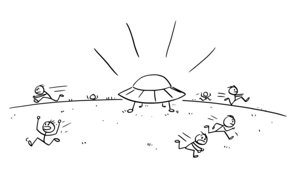Alien Ufo Landing People Running Away Panic Vector Cartoon Stick — Stock Vector