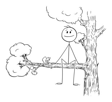 Happy smiling person sitting on tree, vector cartoon stick figure or character illustration.