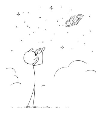 Person with binocular watching planet Saturn and stars on the sky , vector cartoon stick figure or character illustration.