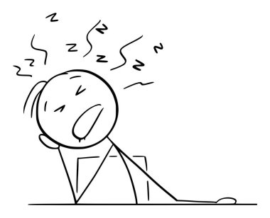 Tired person sleeping behind table or desk , vector cartoon stick figure or character illustration.