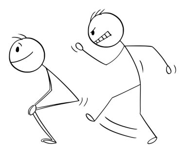 Kick to bottom,buttocks, backside or ass , vector cartoon stick figure or character illustration.