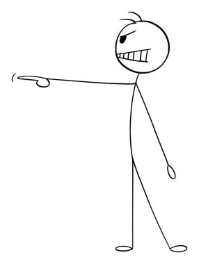 Angry aggressive person or businessman pointing at something on side, vector cartoon stick figure or character illustration.