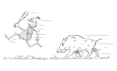 Political or business cartoon about hunting caveman running away from wild boar. Vector illustration.