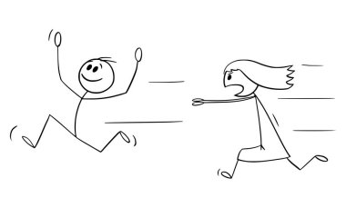 Child boy running away from chasing girl, vector cartoon stick figure or character illustration.