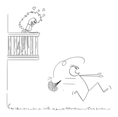 Boy lover with flowers shocked by monster girl on balcony, Romeo and Juliet, vector cartoon stick figure or character illustration.