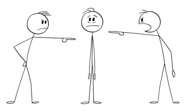 Men or businessmen accusing or blaming another man, vector cartoon stick figure or character illustration.
