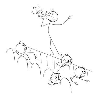 Bad singer is singing on the stage, audience is running away , vector cartoon stick figure or character illustration.