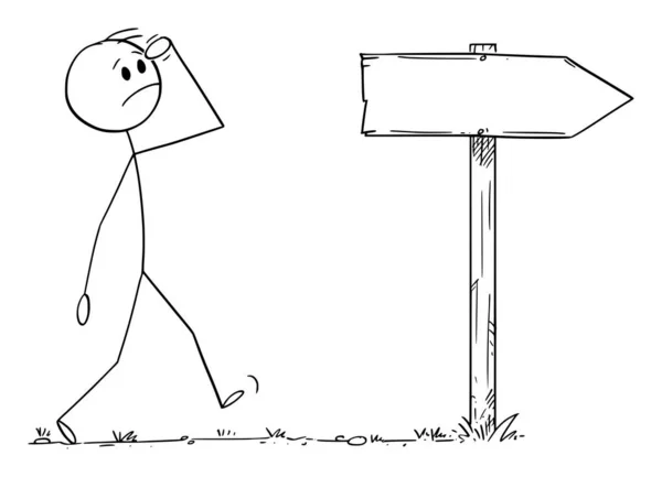 Besorgte Person Auf Dem Weg Nach Richtungspfeil Vektor Cartoon Strichfigur — Stockvektor