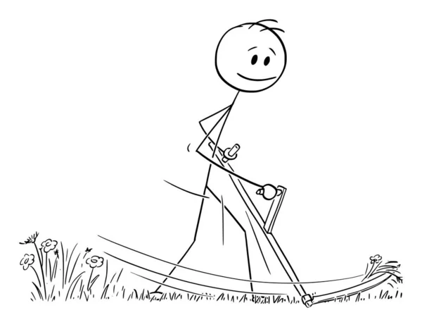 Herbe Fauchage Sur Prairie Avec Faux Dessin Animé Vectoriel Illustration — Image vectorielle