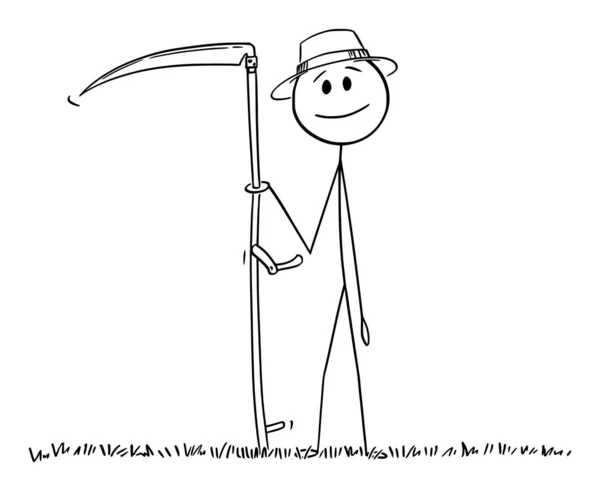 Farmer Scythe Mowing Grass Meadow Vector Cartoon Stick Figure Character — Stock Vector