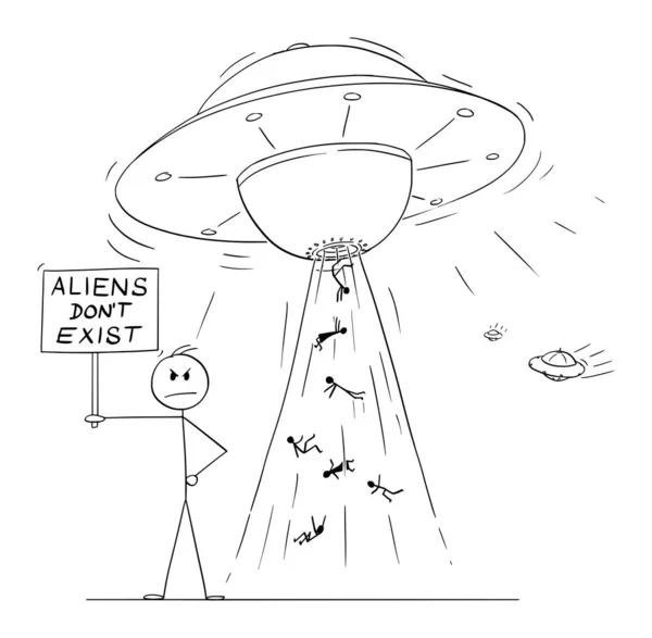 Person Mit Zeichen Aliens Nicht Mit Ufo Hinter Existieren Vektor — Stockvektor