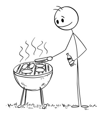 Barbekü ızgarasında bira pişiren kişi, vektör çizgi film çubuğu figürü veya karakter çizimi.