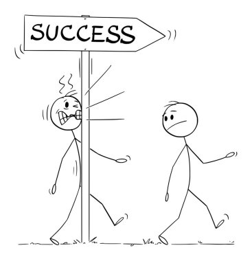 Başarı yolunda olan işadamı ya da kişi ok işaretine, vektör çizgi karakter figürüne ya da karakter illüstrasyonuna bastı.