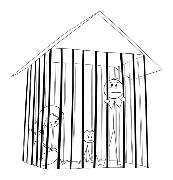 Familie Opgesloten Huis Als Gevangenis Kooi Vector Cartoon Stick Figuur — Stockvector