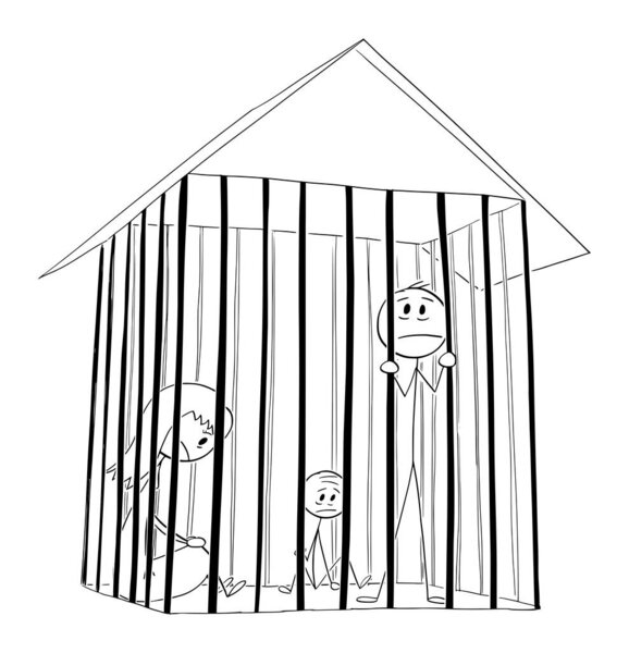 Family locked in house as in prison or cage, vector cartoon stick figure or character illustration.