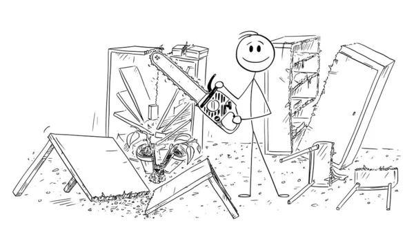 Persona Sonriente Sosteniendo Motosierra Destruyó Muebles Como Mesa Silla Habitación — Archivo Imágenes Vectoriales