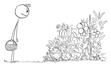 Bahçedeki sebze tarlasına bakan bahçıvan hasat ya da hasat için hazır, vektör çizgi film çöp figürü ya da karakter çizimi.