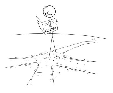 Businessman or person on crossroad looking on map searching for right way , vector cartoon stick figure or character illustration. clipart