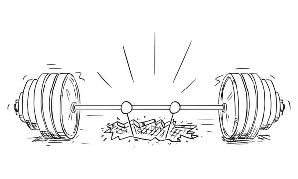 Мбаппе пытается поднять тяжелую тяжесть, падая через пол, векторная фигурка карикатурного персонажа или иллюстрация персонажа.