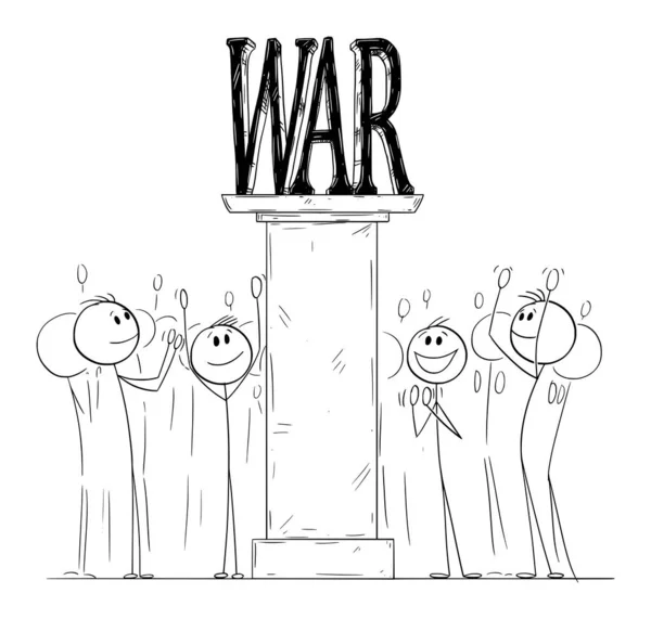 Menge Feiert Und Applaudiert Kriegsstatue Auf Sockel Vektor Cartoon Strichfigur — Stockvektor