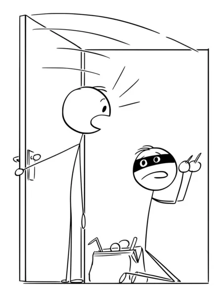 Persona Atrapar Ladrón Ladrón Tratando Abrir Puerta Vector Dibujos Animados — Vector de stock