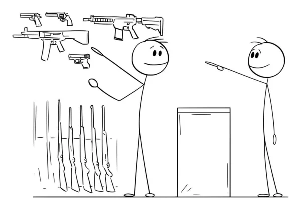 Человек Оружейном Магазине Покупает Пистолет Винтовку Векторную Фигурку Мультфильма Иллюстрацию — стоковый вектор