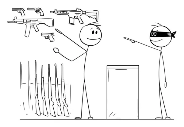 銃店での銃やライフル ベクトル漫画の棒の図や文字のイラストを購入する犯罪やギャング — ストックベクタ