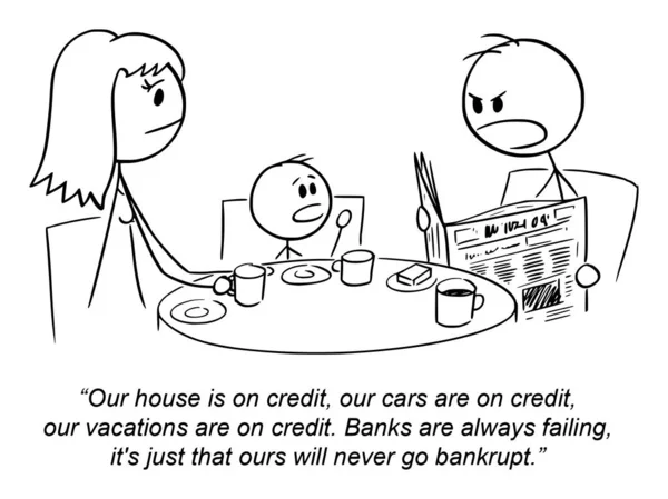 銀行の信用について話して融資を受けた家族 ベクトルのギャグ漫画の棒の図や文字のイラスト — ストックベクタ