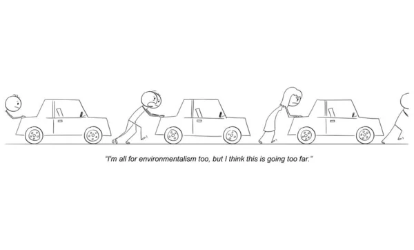 Die Menschen Drängen Das Benzinauto Das Klima Schützen Vektor Gag — Stockvektor