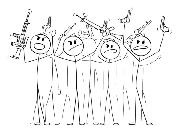 stock vector Negative dangerous armed crowd holding guns , vector cartoon stick figure or character illustration.