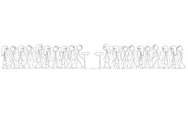 Milletler veya bir grup insan veya işadamı yolda, vektör çizgi film çizgi film çizgi karakteri figürü veya karakter illüstrasyonunda buluşuyor.