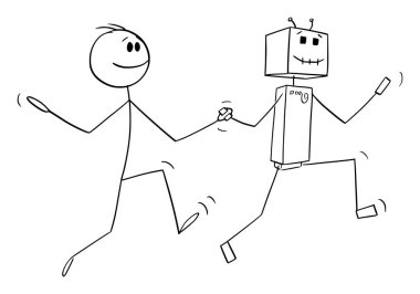 Gülümseyen mutlu insan Ai veya robot, vektör çizgi film çubuğu figürü veya karakter çizimi ile el ele dans veya koşu.