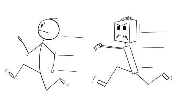 Dangerous Mad Robot Chasing Running Human Vector Cartoon Stick Figure — Vetor de Stock