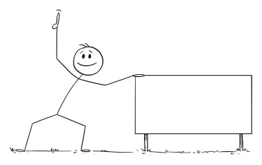 Gülümseyen pozitif insan elinde boş tabela ve yukarı doğru gösteren çizgi film karakteri figürü veya karakter çizimi.