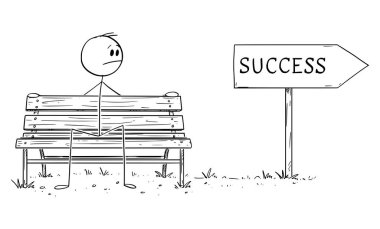 Person sitting on park bench and procrastinating while success is waiting, vector cartoon stick figure or character illustration. clipart