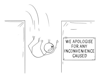 Person falling down and looking at apology for inconvenience caused sign, vector cartoon stick figure or character illustration. clipart