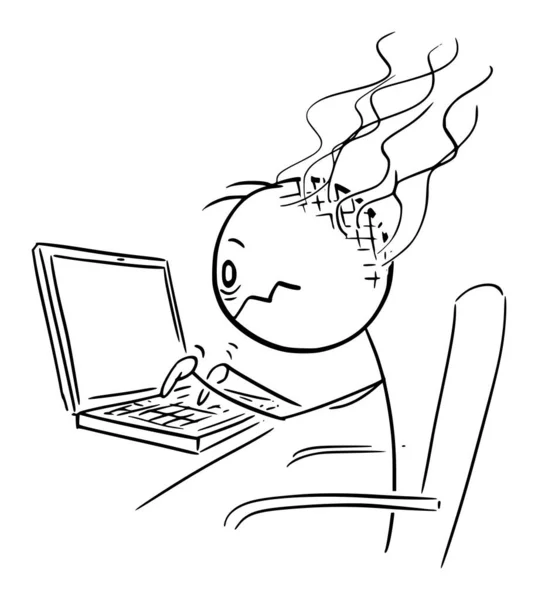 Bilgisayar Vektör Karikatür Çubuk Figürü Karakter Çizimi Üzerinde Çalışan Yanmış — Stok Vektör