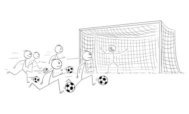 İş adamları gol golü, iş futbolu metaforu, vektör çizgi film çöp figürü veya karakter çizimi.