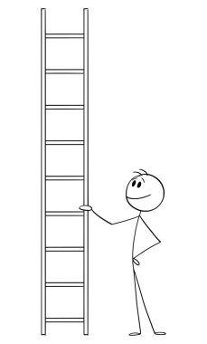 Kişi ve merdiven, daha yükseğe çıkma yolu, vektör karikatür çubuğu figürü veya karakter çizimi.