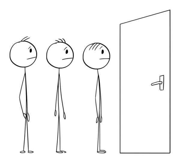 Line of people waiting for opportunity in front of closed door, vector cartoon stick figure or character illustration.