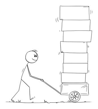 Person pushing cart with boxes, ready for adding text, vector cartoon stick figure or character illustration. clipart