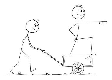 İşçi ya da çalışan patrona el arabası, vektör çizgi film çubuğu figürü ya da karakter illüstrasyonu.