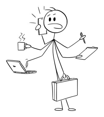 Businessman multitasking , vector cartoon stick figure or character illustration. clipart