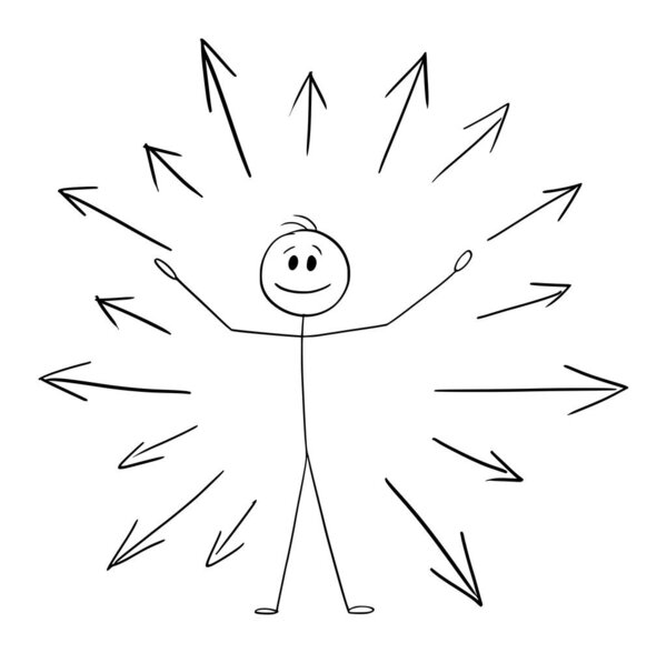 Бизнесмен или человек, дающий изнутри, распространяющий себя повсюду, векторная фигура из мультфильма или иллюстрация персонажа.