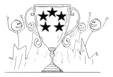 Takım zafer kupası ya da ödülü kutluyor, vektör çizgi film çizgi karakteri figürü ya da karakter çizimi.