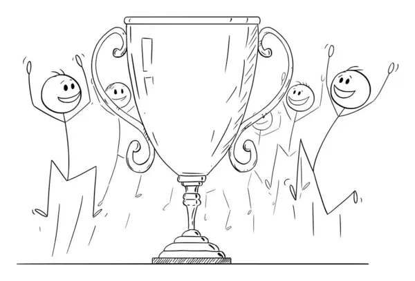 stock vector Team celebrating trophy victory cup or award, vector cartoon stick figure or character illustration.