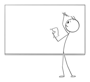 Öğrenci, öğretmen veya iş adamı okul tahtasına veya tahtaya yazı yazıyor, vektör karikatür çubuğu figürü veya karakter çizimi.